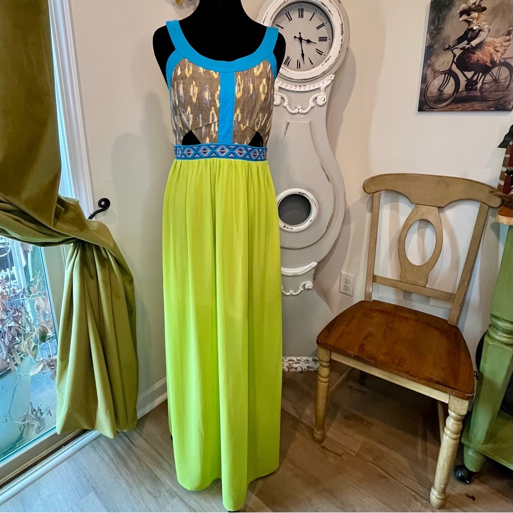 Flying Tomato Cut-Out Maxi Faerie Chic Dress Chartreuse & Cyan Medium. EUC